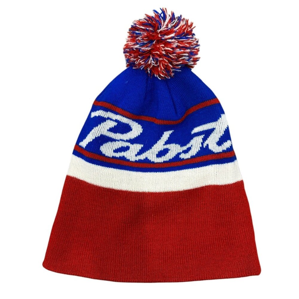PBR Pabst Blue Ribbon Beer Toque Beanie Snow Hat USA Colors Pom Pom